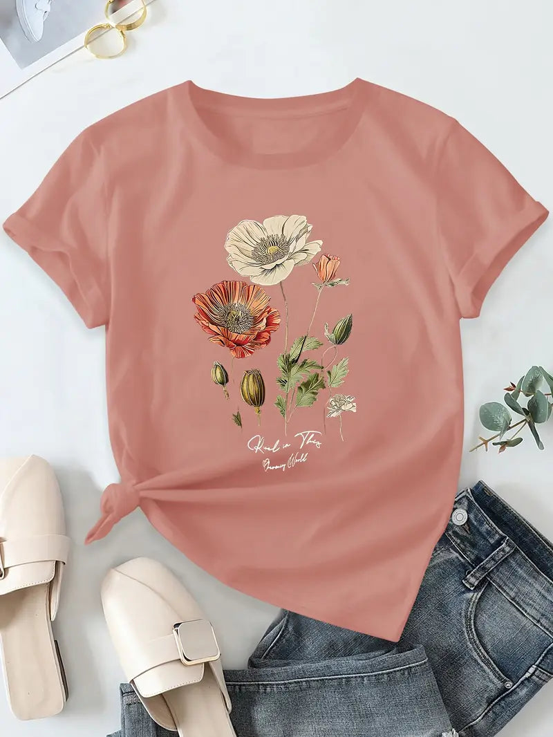 Aimilia - Elegant Short Sleeve T-Shirt With Floral Print