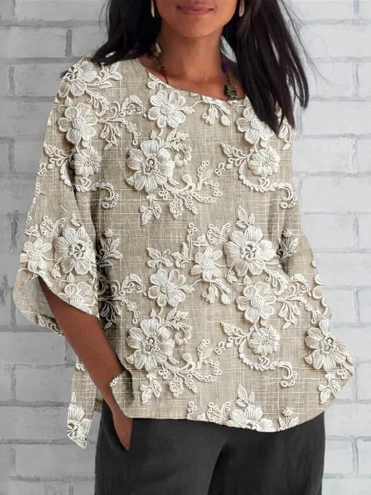 Shirin - Vintage Floral Linen and Lace Blouse