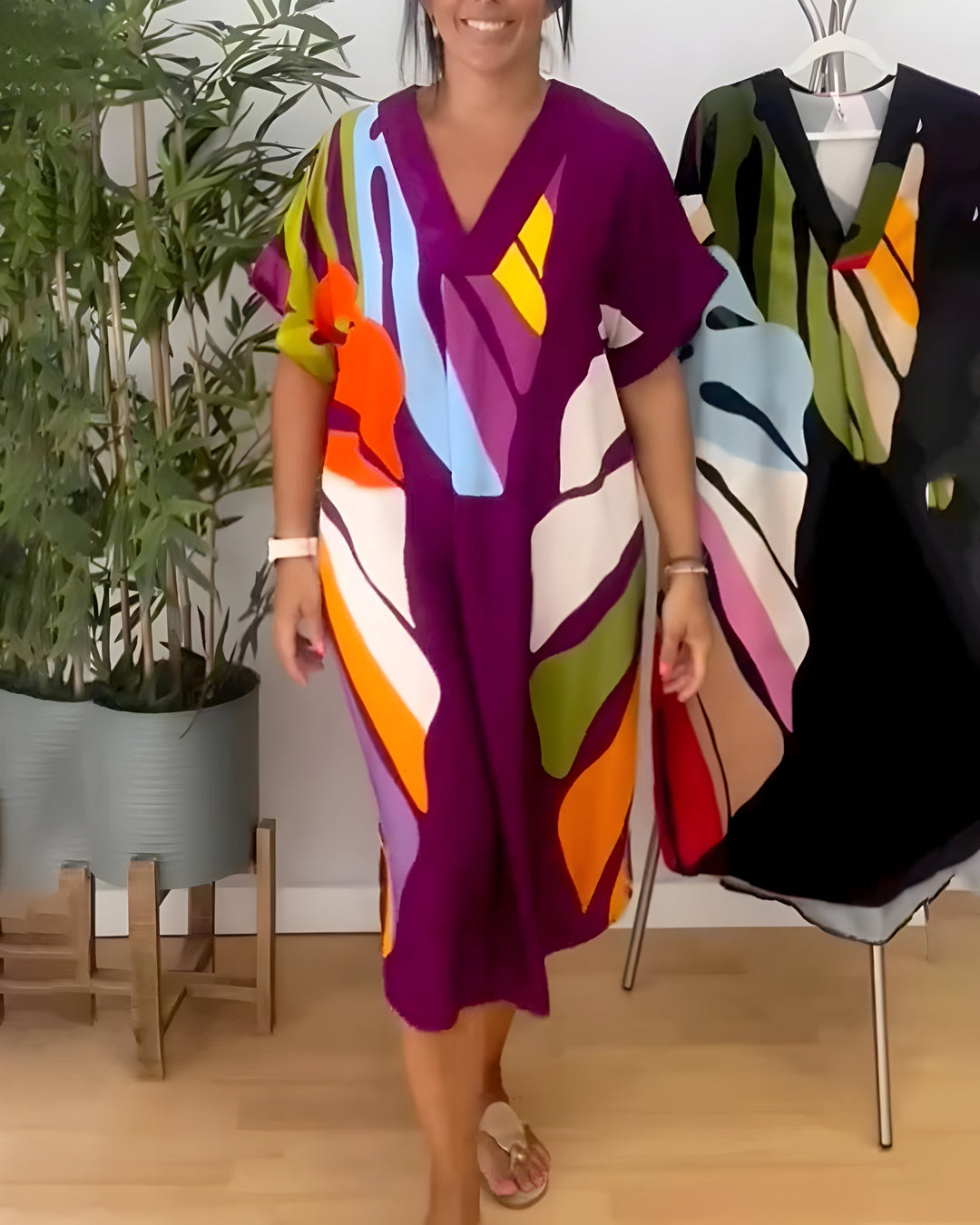 Ailsa - Casual Colorful Leaf Print Dress