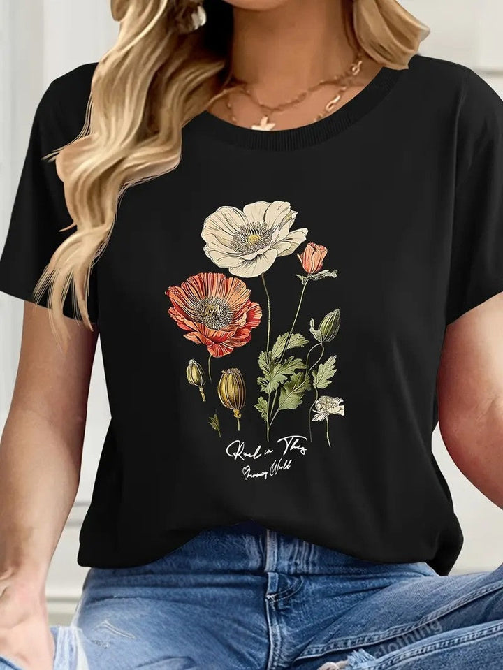Aimilia - Elegant Short Sleeve T-Shirt With Floral Print