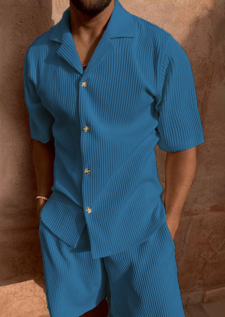 Ardian - Corduroy Short Sleeve Shirt And Shorts Set