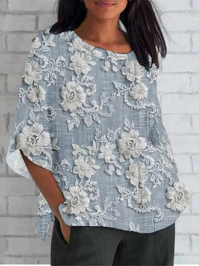 Shirin - Vintage Floral Linen and Lace Blouse